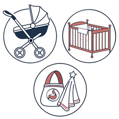 Baby essentials illustration featuring a stroller, crib, bag, and blanket