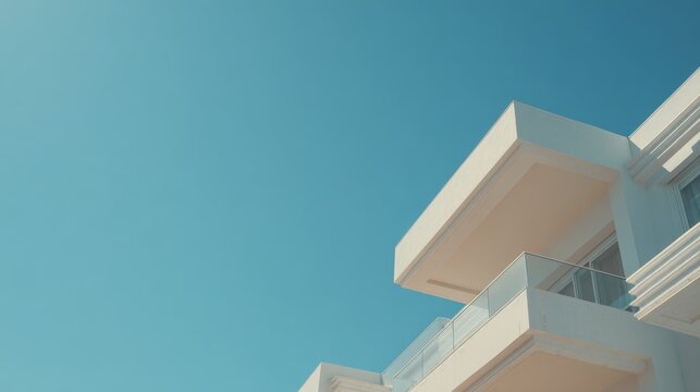 Modern Architecture Design: Minimalist White Building Exterior Against Clear Blue Sky on a Sunny Day