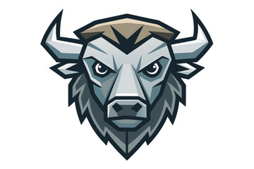 Fierce buffalo head with angular design and sharp lines stares intensely on white