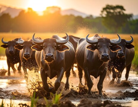 A herd of water buffalo runs through a muddy field, splashing water and mud as the sun sets in the background.