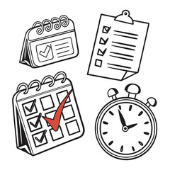 Calendars, checklist, and clock for time management isolated on white background