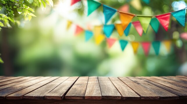 Festive Outdoor Celebration Background with Colorful Bunting and a Rustic Wooden Table for Product Placement