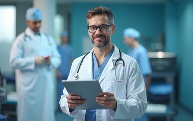 Doctor giving online feedback using virtual rating interface. Ideal for healthtech, hospital service review, digital evaluation, and healthcare user experience. High quality