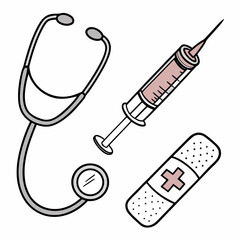 Medical equipment including a stethoscope, syringe, and bandaid isolated on white background