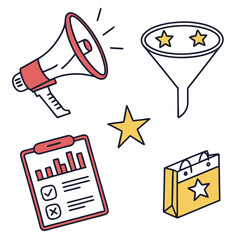 Marketing tools and strategies for business growth isolated on white background