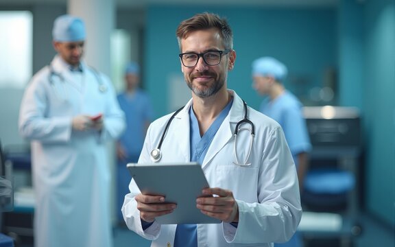 Doctor giving online feedback using virtual rating interface. Ideal for healthtech, hospital service review, digital evaluation, and healthcare user experience. High quality