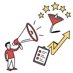 Marketing strategy illustration with megaphone, funnel, stars and growth arrow isolated on white background