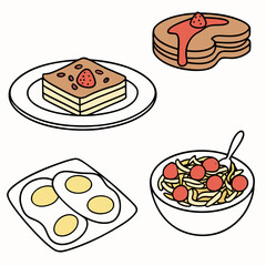 Delicious breakfast with pancakes, eggs, toast, and pasta isolated on white background