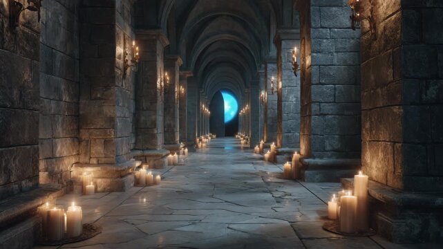 An ancient vaulted corridor in a medieval castle, filled with a mysterious atmosphere and lit by candles, an exit to another world.