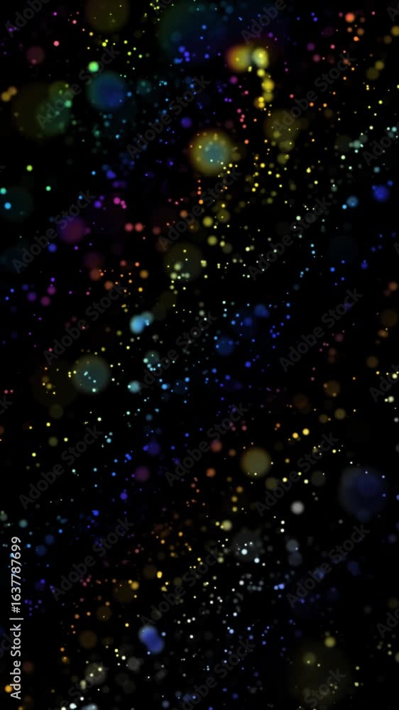 Poster colored particles dance across a dark backdrop, creating an engaging visual experience.