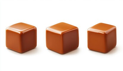Three Glossy Brown Caramel Candy Cubes Arranged in a Straight Line on a White Background
