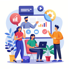 Team collaborating on a business project in a modern office isolated on white background