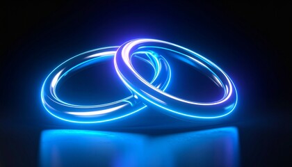 Two metallic rings radiating blue light on a dark surface, with four glowing dots in the background