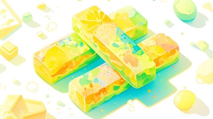 Colorful candy bars stacked, vibrant yellow and green hues, playful theme, suitable for advertising or fun design projects.