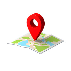 3d clean illustration icon of a red location pin placed on top of a stylized map icon in white transparent png background cutout
