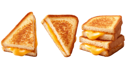 A perfectly prepared golden brown toasted sandwich expertly sliced in half to reveal a delicious and warm melted cheese filling resting on a plain white plate.