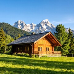 Obraz premium A wooden cabin nestled in a green meadow, majestic snow-capped mountains forming a stunning backdrop under a vibrant blue sky