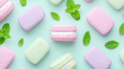 Colorful handmade soaps on a light background, delicate floral scents, fresh mint leaves for a vibrant, inviting display.