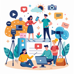 Team of video producers working on a film project in the studio setting