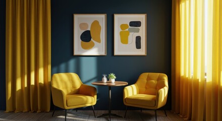 Modern Cozy Seating Area with Yellow Chairs, Small Round Table, and Dark Blue Accent Wall