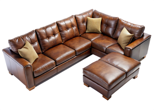 Top view of a luxurious brown leather sectional sofa with cushions isolated on white background PNG.AI Generated