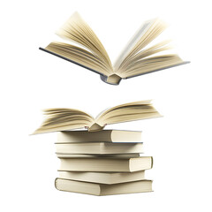 Fototapeta premium Two open books one floating above a stack of closed books