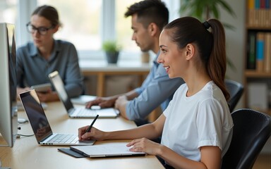 learning online class by using laptop computer and writing notebook at workplace, Education development or knowledge improvement concept. High quality