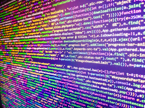 Trendy design. Programming code abstract screen of software developer. Web Design Business Concept. Notebook closeup photo. Program code - angle view Modern application Coded data on monitor