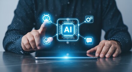 Artificial Intelligence Concept: Man Interacting with AI Interface on Tablet, Showing Machine Learning and Automation