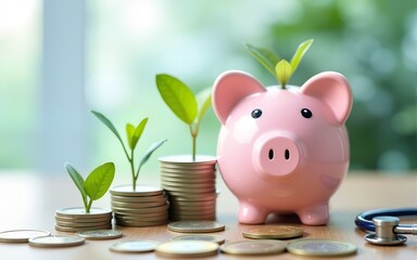 Financial Health Management Growth and Savings Concept with Piggy Bank and Money. Piggy Bank and Health Insurance Solutions and Medical Examination. Business investment assurance emergency medical.