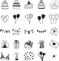 Happy Birthday Celebration Party Event Planning Gift Card Balloon Star Hearts Candle Cake Vector Line Art Illustration Coloring Page kids and adults 
