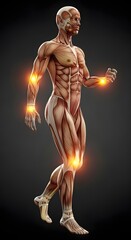 Anatomical Human Figure Walking with Highlighted Joints on Dark Background