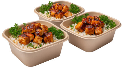 An organized arrangement of three transparent meal prep containers showcasing a nutritious and delicious assortment of food for a healthy lifestyle and weekly planning.