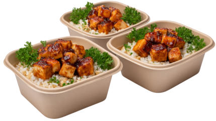 An organized arrangement of three transparent meal prep containers showcasing a nutritious and delicious assortment of food for a healthy lifestyle and weekly planning.