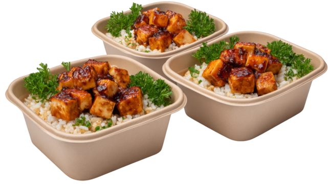 An organized arrangement of three transparent meal prep containers showcasing a nutritious and delicious assortment of food for a healthy lifestyle and weekly planning.