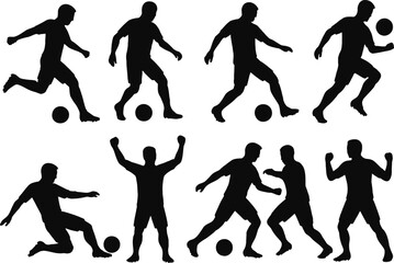 Solid black silhouettes of football players in action: kicking, dribbling, passing, heading, tackling, and celebrating. 8-piece set collection, clean lines, on a white background.