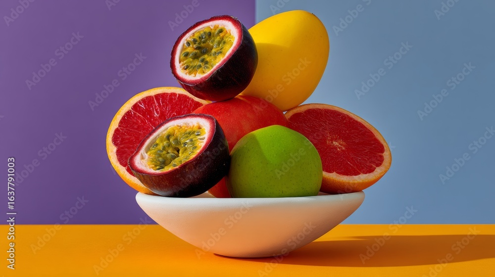 Poster bowl of fruit with a mix of oranges, lemons, and grapefruit. the bowl is white and placed on a table