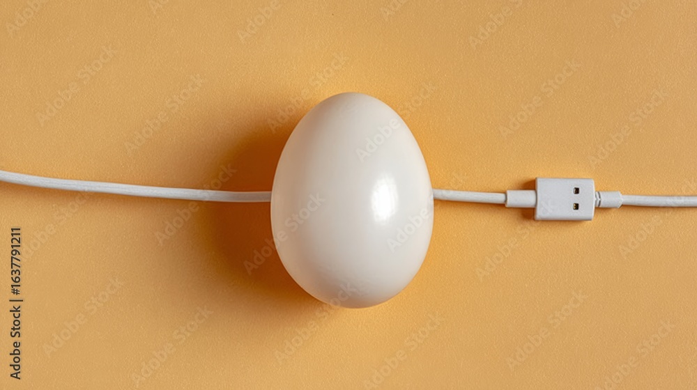 Poster white egg is sitting on a yellow surface with a white cord attached to it. the egg is surrounded by 