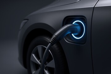 Electric Vehicle Charging: Close-up of Plug Connection on a Sleek Gray Car for Eco-Friendly Transportation