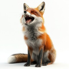 Obraz premium Realistic fox displaying joyful expression with open mouth and vibrant fur details in a playful pose against a white backdrop
