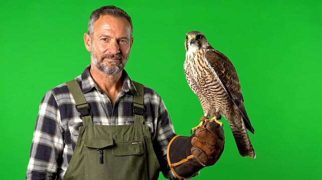 Mature Falconer and His Majestic Saker Falcon Share a Gaze on a Green Screen