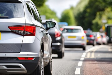 Traffic jam on a city street.  SUV in the foreground