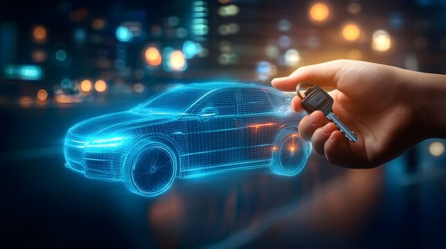 Exploring the future of automotive technology with a car key and a holographic car model. - Powered by Adobe