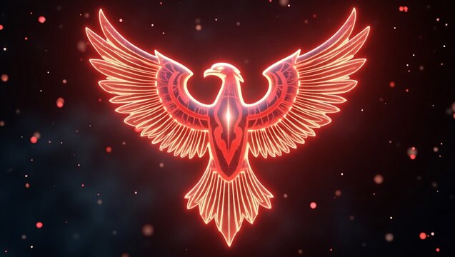 A glowing red phoenix emblem with outstretched wings shines brightly against a dark, particle-filled background.