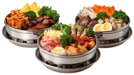 An appetizing arrangement of three bowls filled with a balanced meal of savory meat and fresh vegetables.