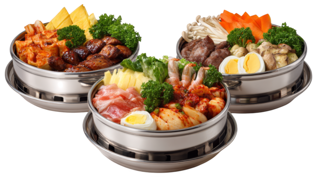 An appetizing arrangement of three bowls filled with a balanced meal of savory meat and fresh vegetables.