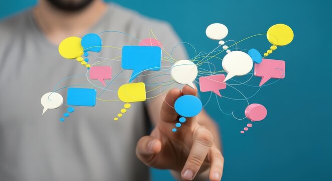 Digital Communication Network: Hand Touching Virtual Speech Bubbles Representing Connection and Social Interaction