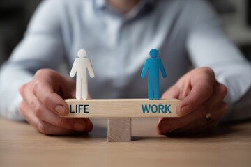 Balancing life and work is essential for well being. person holds wooden balance with figures representing life and work, symbolizing importance of equilibrium