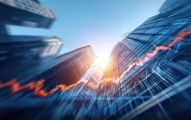 Urban cityscape, financial charts overlay