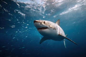 Fototapeta premium Photo of adult male great white shark swimming gracefully in clear blue water, surrounded by small fish, showcasing its powerful presence and beauty in ocean